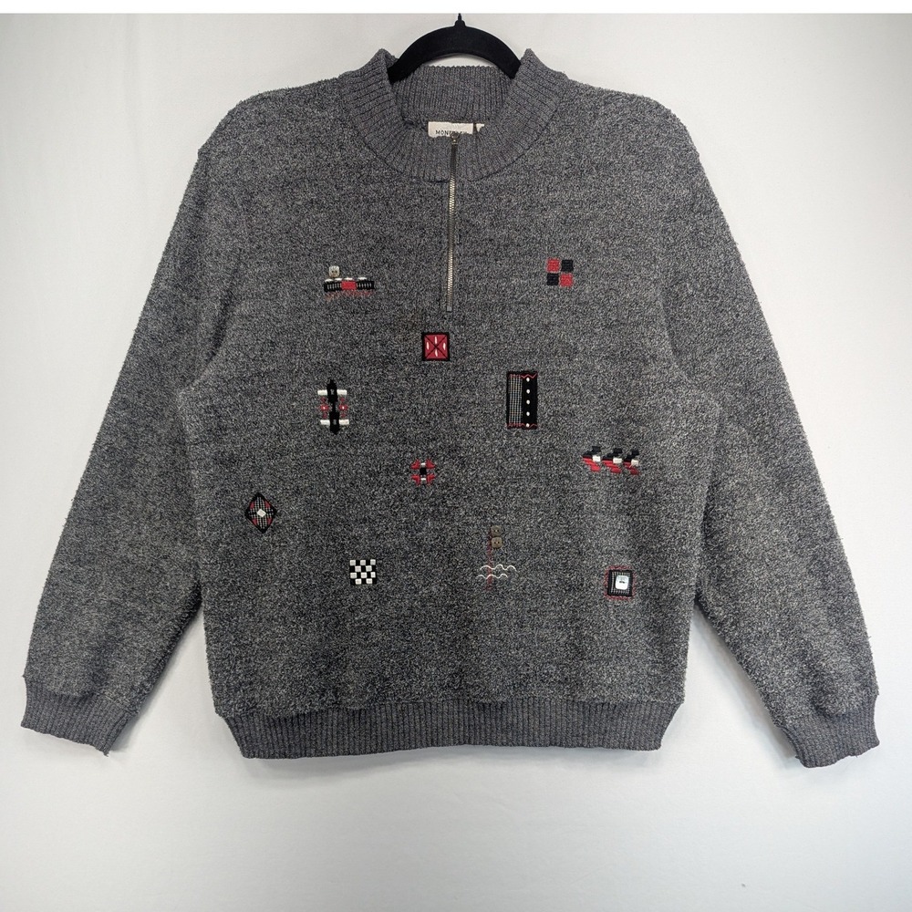 Monterey by Koret Vintage Grey Quarter Zip Embroidered Geometric Sweater Large